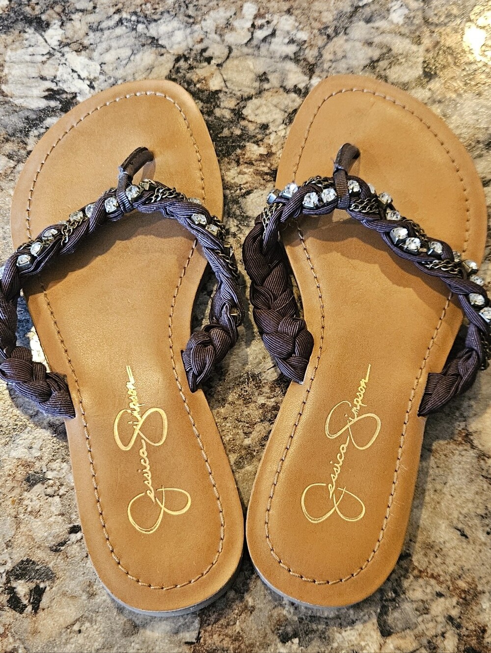 Jessica Simpson Braided Tan Flip-Flops With Beaded Straps With Rhinestones
